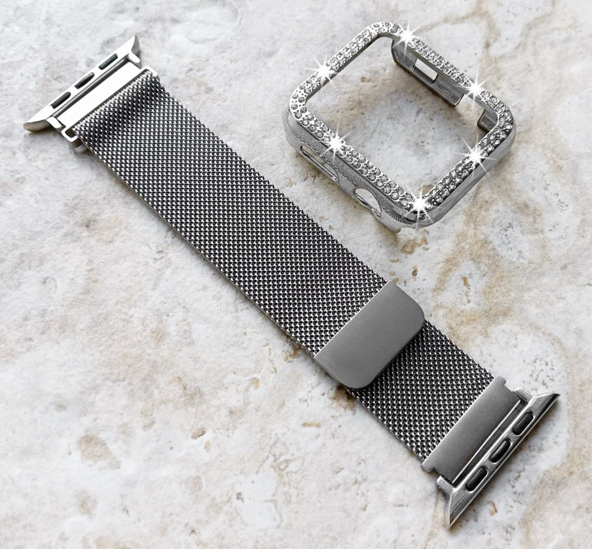 Apple Watch Silver Color Band Kit Crystal Case Bezel Cover for Ultra 2 9 8 7 SE 6 5 4 3 2 49mm 45mm 44mm 42mm 41mm 40mm 38mm Milanese Strap